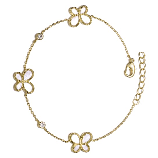 White Mother-Of-Pearl Butterfly Link Bracelet In 14K Gold Over Sterling Silver