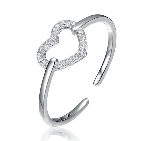 Heart Motif CZ Pave Cuff Bracelet In Sterling Silver