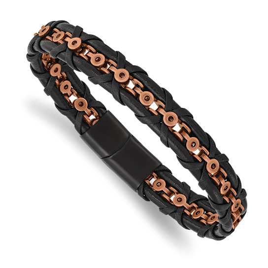 Black Leather and Stainless Steel Antiqued and Polished Rose IP-plated
8.5-inch Bracelet