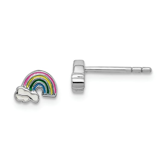 Rhodium Over Sterling Silver Enamel Rainbow Children's Post Earrings
