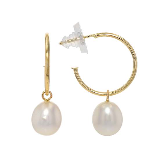 Hoop Earrings With Freshwater Pearl Dangle In Solid 14K Gold