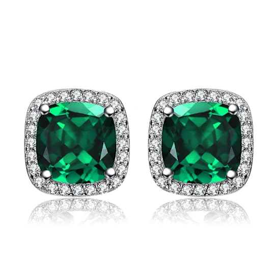 Emerald Color CZ Halo Stud Earrings In Sterling Silver