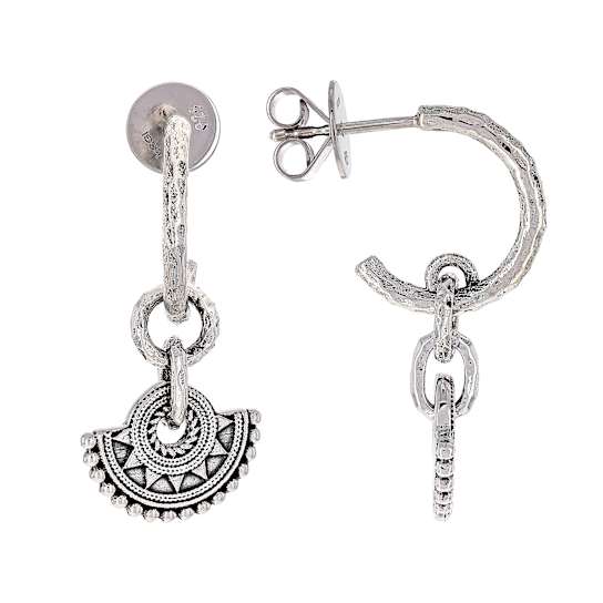 Mandala-Inspired J-Hoops Earrings In Oxidized Sterling Silver