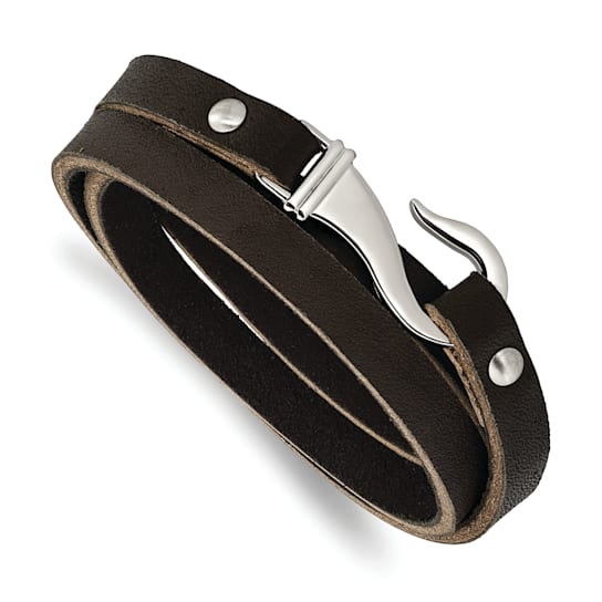 Black and Brown Leather and Stainless Steel Wrap Bracelet