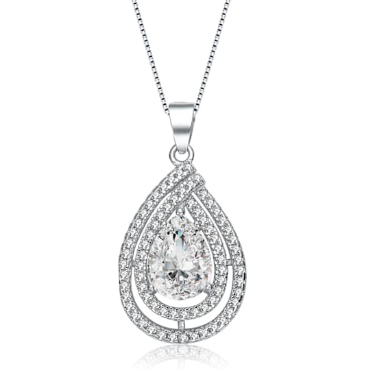 Pear Shape CZ Outline Pendant Necklace In Sterling Silver