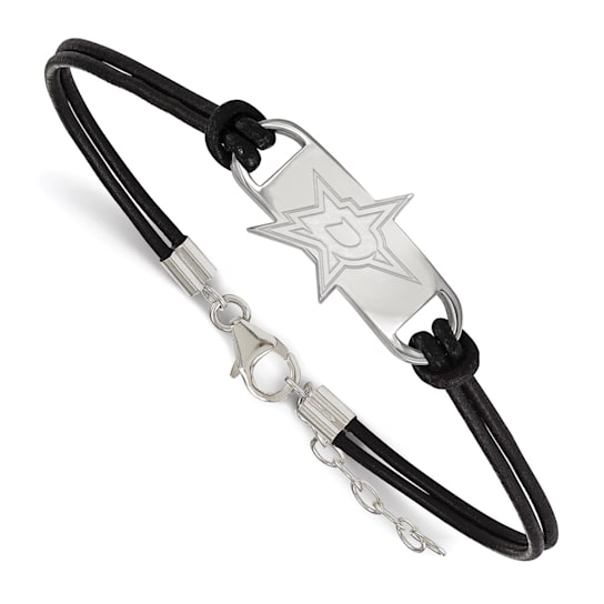Rhodium Over Sterling Silver NHL LogoArt Dallas Stars Leather Bracelet