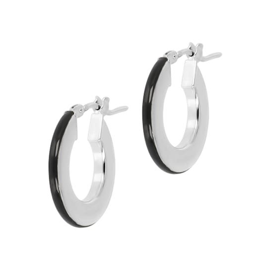 Sterling Silver Black Enamel Round Hoop Earrings