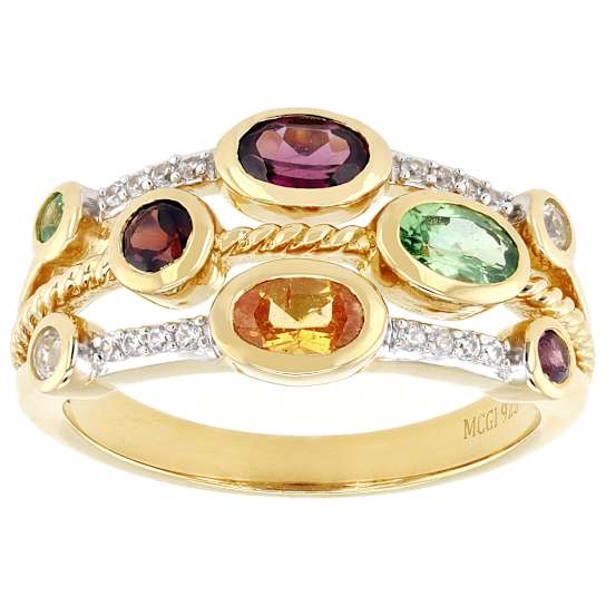 Multi-Garnet And White Zircon Ring In 18K Gold Over Sterling Silver 1.18ctw