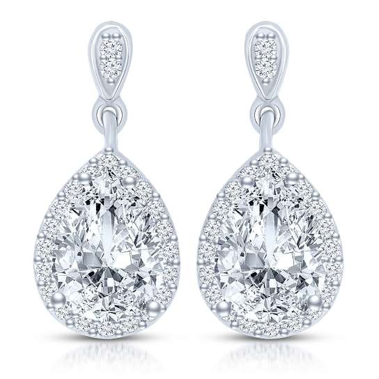 Pear Shape CZ Halo Drop Earrings In Sterling Silver