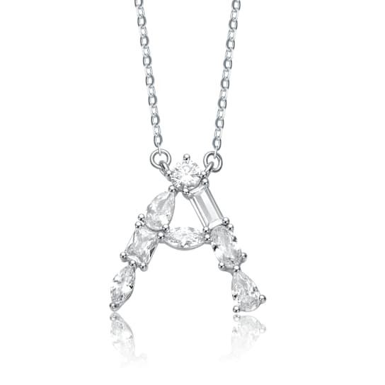 Initial A Mixed Cut CZ Pendant Necklace In Sterling Silver 18 Inch