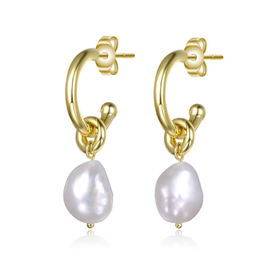 Pear Shape Pearl Simulant Huggie Drop Earrings In 14K Gold Over Brass