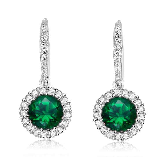 Emerald Color CZ Halo Drop Earrings In Sterling Silver
