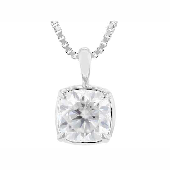 Moissanite Cushion-Cut Solitaire Pendant In Platinum-Enhanced Sterling
Silver 2.00ctw Diamond Equivalent Weight