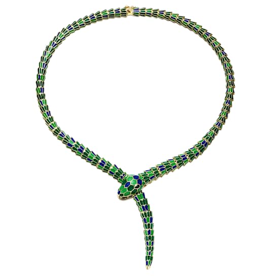 Emerald Cubic Zirconia, 14k Gold Plated over Brass Green Enamel Coiled
Serpent Stiff Collar Necklace