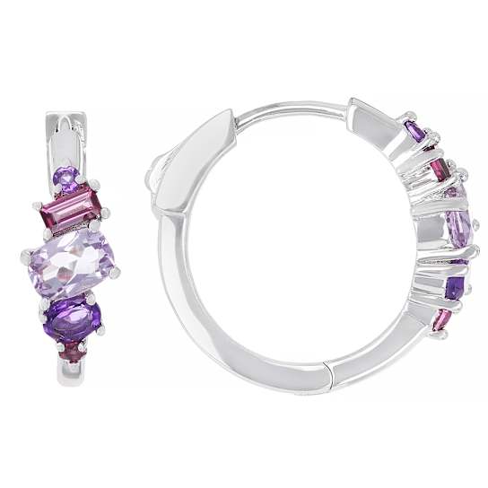 Multi-Stone Amethyst And Rhodolite Hoop Earrings In Sterling Silver