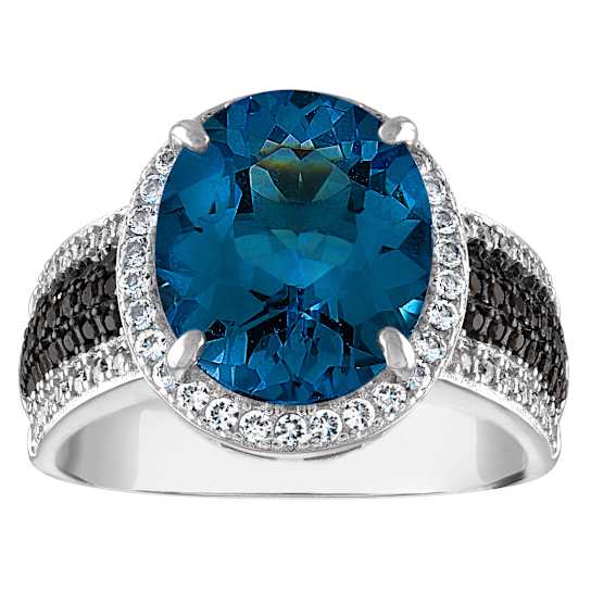 Sterling Silver Swiss Blue Topaz With Black Spinel and Lab Created White
Sapphire Ring 6.1ctw