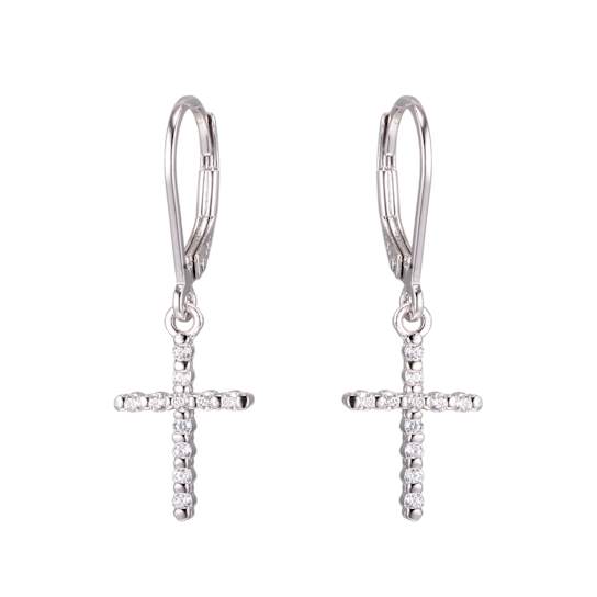 White Diamond Rhodium Over Sterling Silver Cross Earrings 0.19ctw