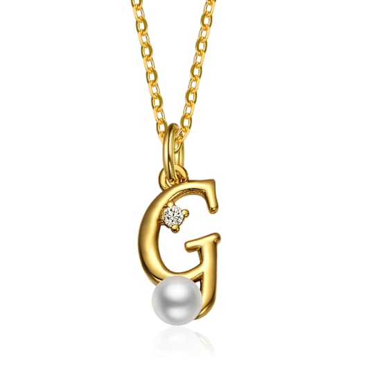 Initial G CZ And Pearl Simulant Pendant Necklace In 14K Gold Over Brass