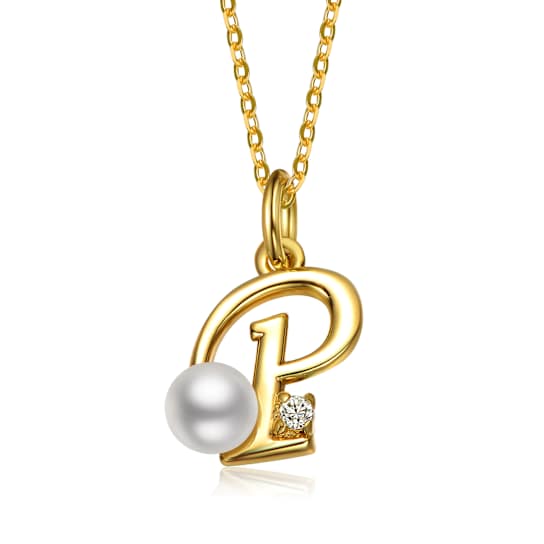 Initial P CZ And Pearl Simulant Pendant Necklace In 14K Gold Over Brass