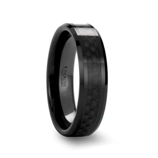 ONYX Black Carbon Fiber Inlaid Black Ceramic Wedding Band 6mm