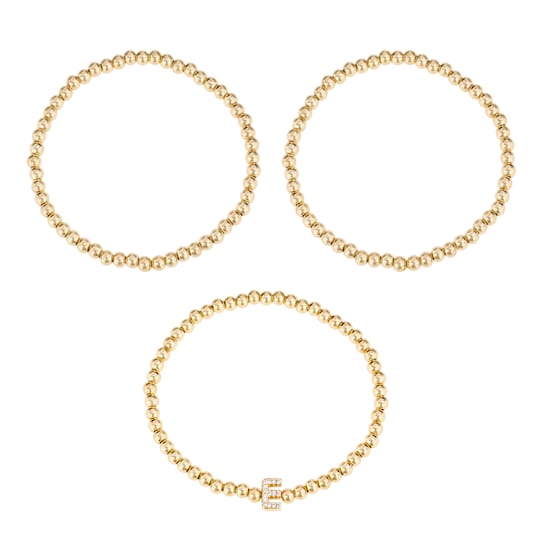 Initial E CZ Beaded Bracelet Set In 14K Gold Over Brass 0.15ctw