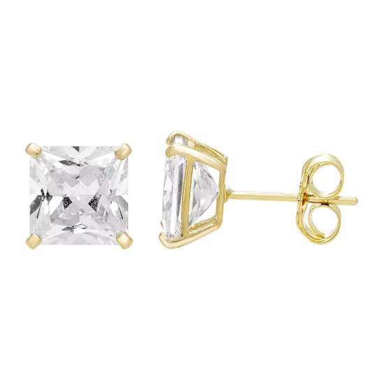 14k Yellow Gold Cubic Zirconia Square Stud Earrings - 4MM