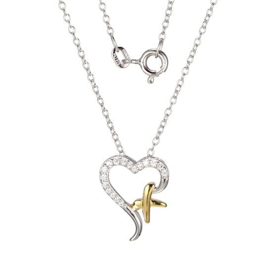 White Diamond Simulant Rhodium and 18k Yellow Gold Over Silver Heart
Pendant 0.21ctw