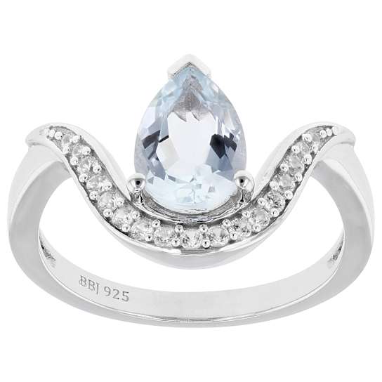 Pear Shape Aquamarine And Zircon Accent Ring In Sterling Silver