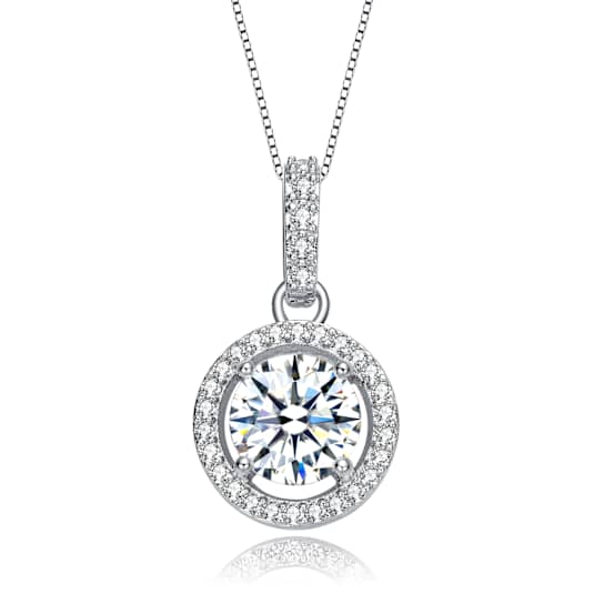 CZ Halo Pendant Necklace In White Rhodium Over Brass