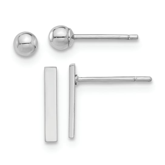 Rhodium Over 14k White Gold Polished 3mm Ball and Bar Earring Set