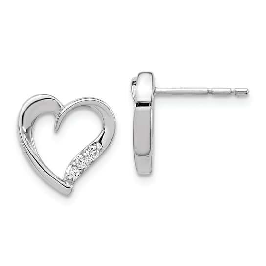 Rhodium Over 14k White Gold Diamond Heart Stud Earrings