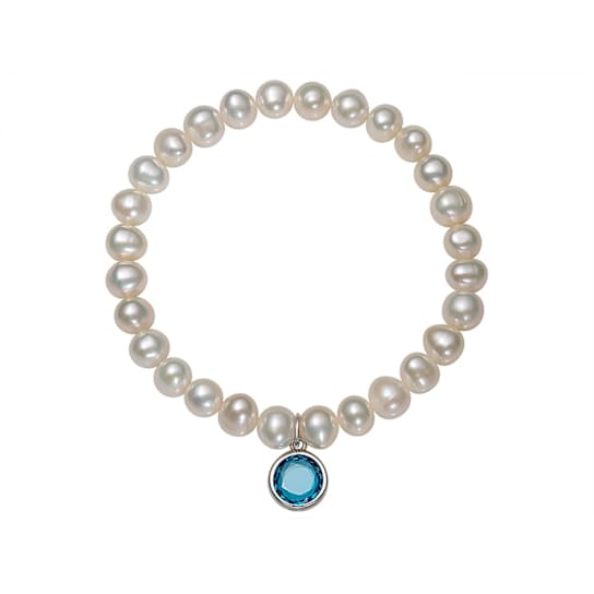Freshwater Pearl And Blue CZ Charm Stretch Bracelet In Sterling Silver
