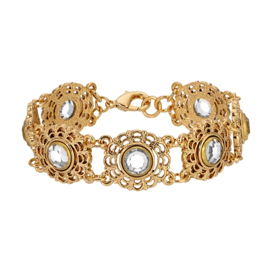 Gold Tone Round Filigree With Crystals Bracelet