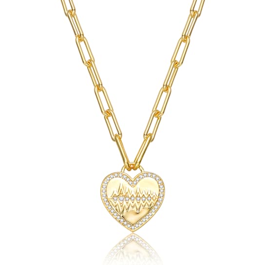 Pave CZ Heart Pendant Necklace In 14K Gold Over Brass