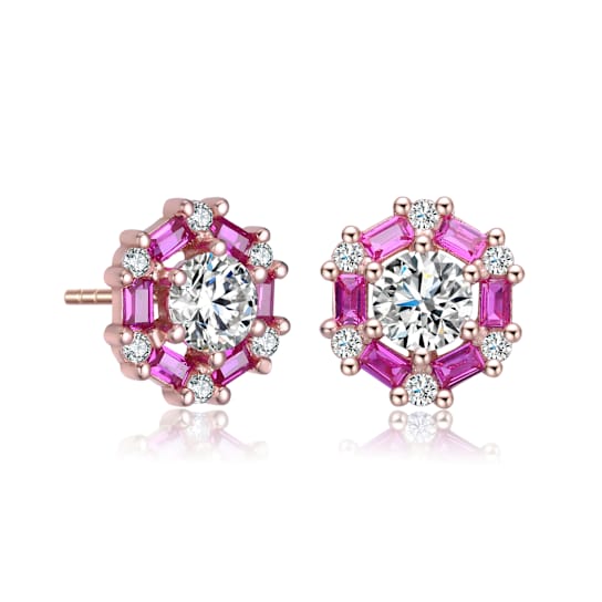 Ruby Color CZ Halo Stud Earrings In 18K Rose Gold Over Brass