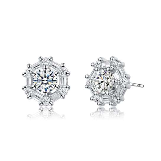 CZ Halo Stud Earrings In Rhodium Over Brass