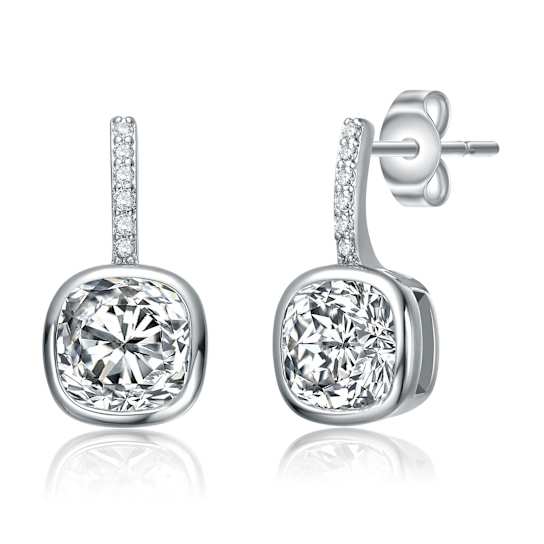 Square CZ Bezel-Set Drop Earrings In White Rhodium Over Brass