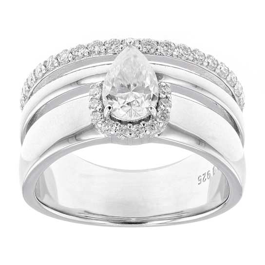 Pear And Round Moissanite Ring In Platinum-Enhanced Sterling Silver