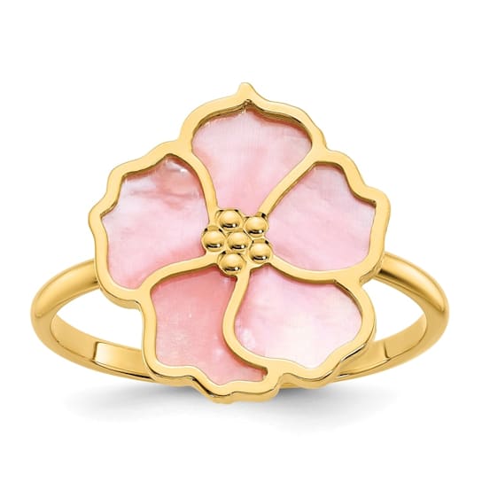 14K Yellow Gold Pink and White Mother of Pearl Flower Ring