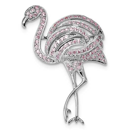 Rhodium Over Sterling Silver Pink Cubic Zirconia Flamingo Pin Brooch