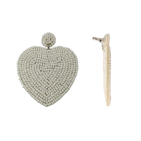 White Seed Bead Heart Drop Earrings