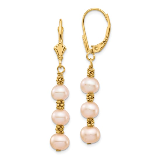 14K Yellow Gold 5-6mm Pink Semi-round Freshwater Culutured Pearl
Leverback Earrings