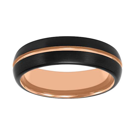 6.5mm Comfort Fit Band in Black and Rose Tungsten Carbide with Brushed Finish