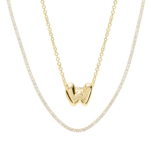 CZ Initial W Tennis Necklace And Pendant Set In 14K Gold Over Brass 4.05ctw
