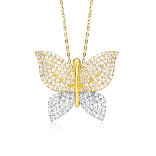 CZ Butterfly Pendant Necklace In 14K Gold Over Brass