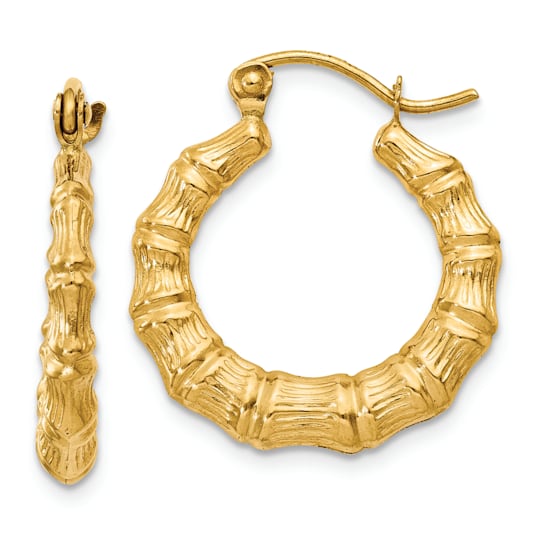 14k Yellow Gold 3/4" Polished Bamboo Design Hoop Earrings