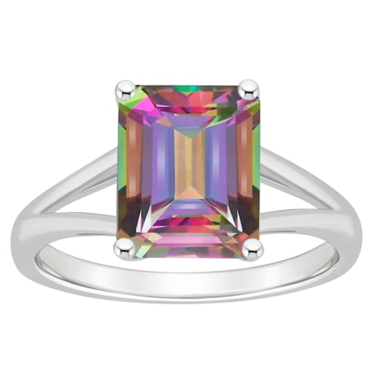 Mystic Topaz Emerald Cut Solitaire Ring In Sterling Silver