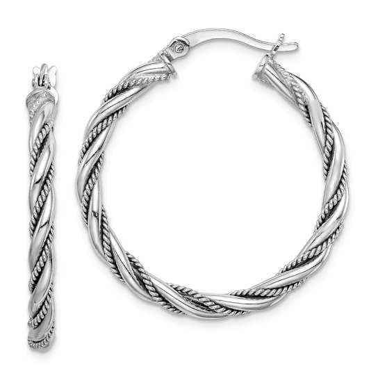 Rhodium Over Sterling Silver 2.5x30mm Twisted Hoop Earrings