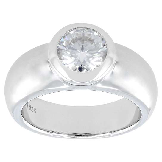 Bezel Set Moissanite Wide Band Solitaire Ring In White Metal