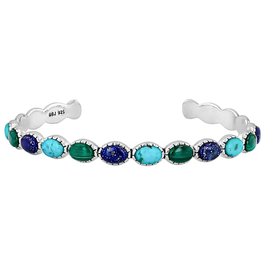 Blue Turquoise, Lapis Lazuli And Malachite Oxidized Silver Bangle 7x5mm